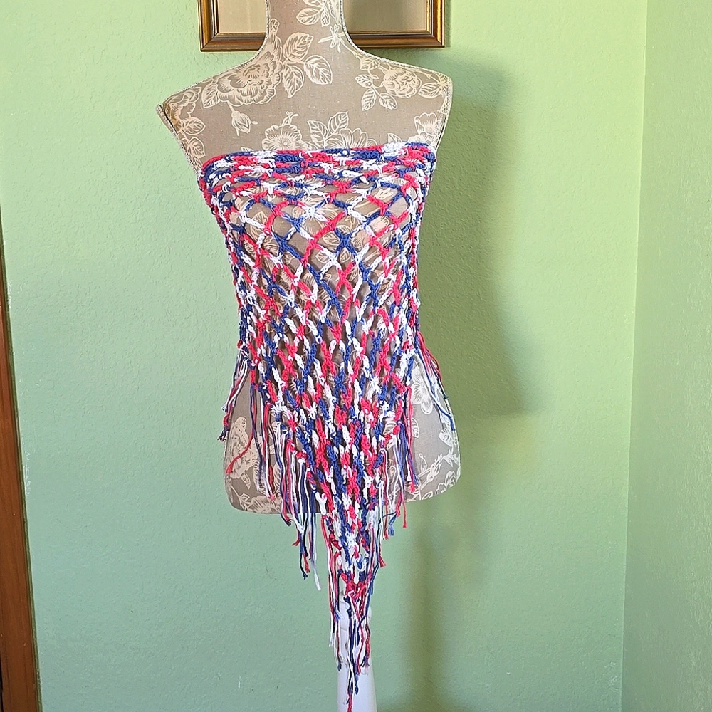One Of a Kind Crochet Red, White Blue Swim Sarong Cover Up Shawl Top With Fringe